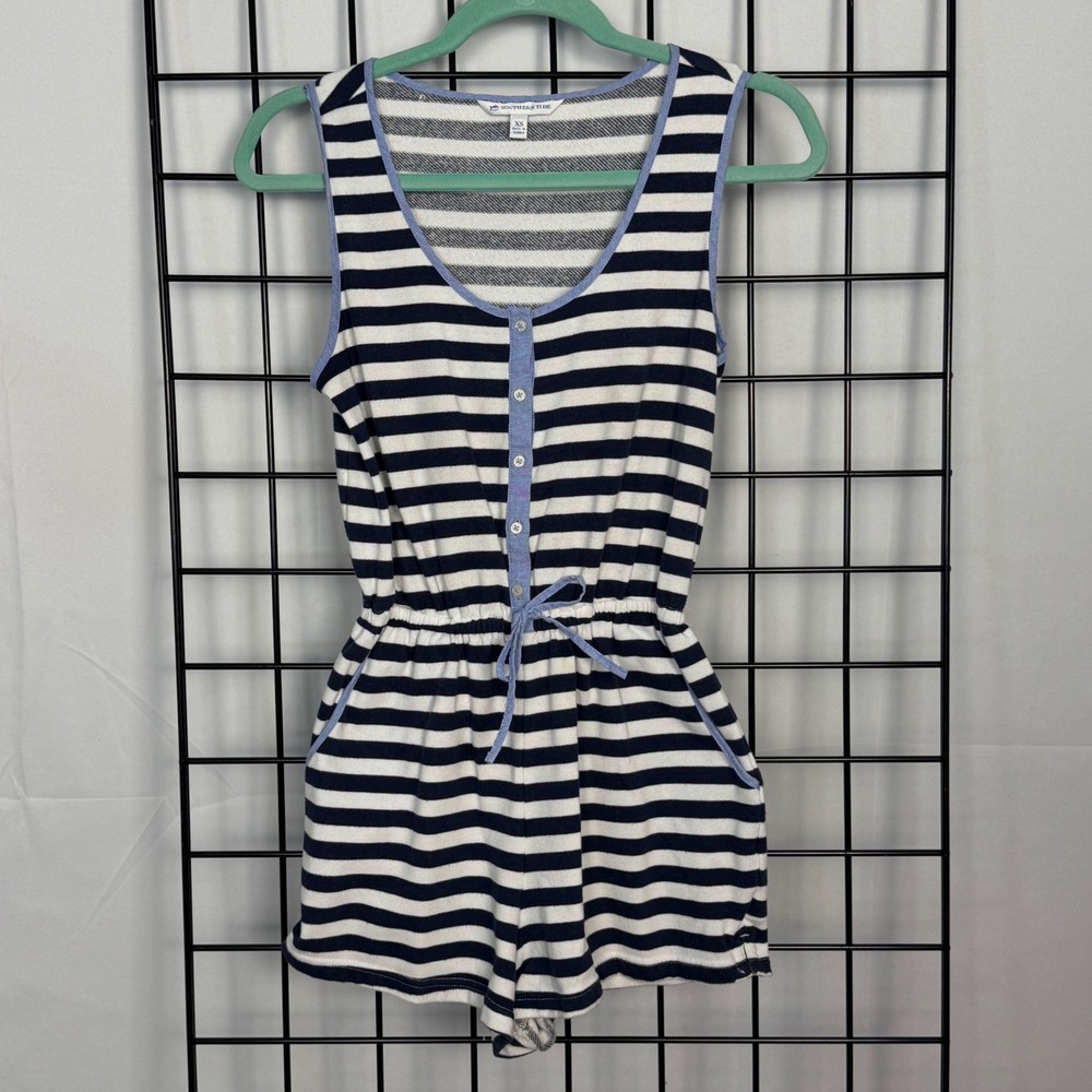 Southern Tide Nadie Striped Romper Womens XS Navy White Nautical Pockets Beach